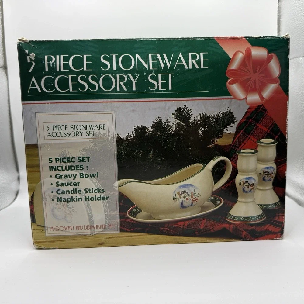 Royal Seasons‎ 5 Piece Stoneware Accessory Set Christmas Holiday Snowmen Green